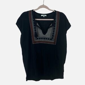 Madewell Black Embroidered Linen Blend Boho Top | Small | Tassels & V-Neck